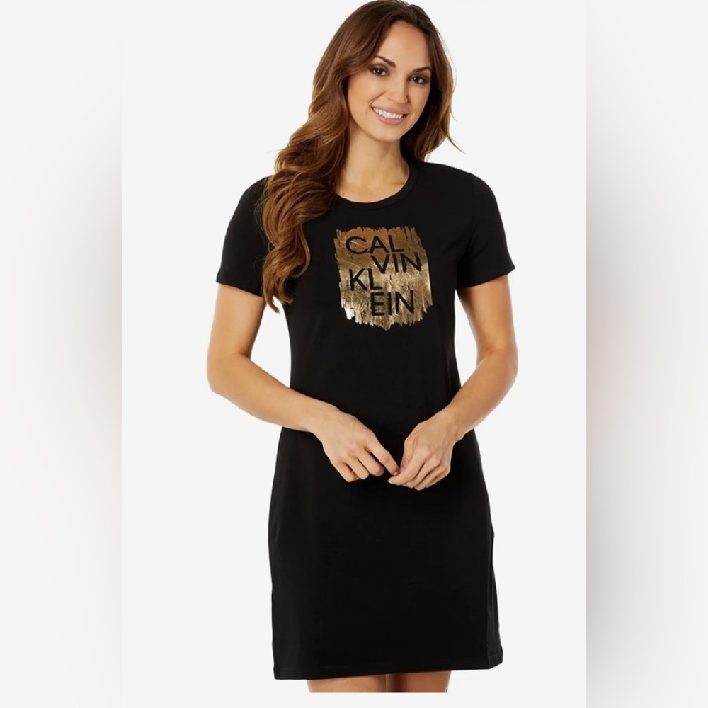 Calvin Klein Dress Knit Short-Sleeve Black CK Gold Logo Womens Plus
